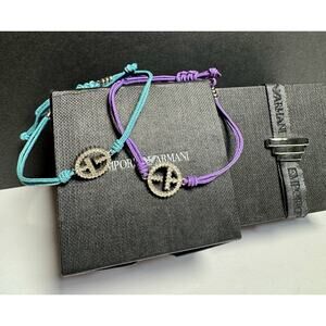 NEW 2 Emporio Armani Ladies Cord Bracelets EA Pave Crystals Sterling Silver